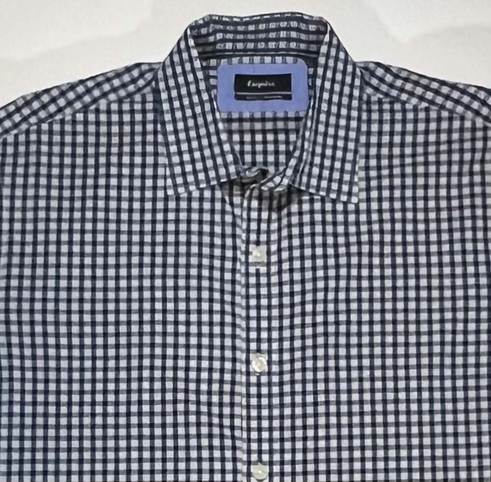 Esquire Slim Fit Non-Iron Navy and White Gingham Dress Shirt 16 32/33